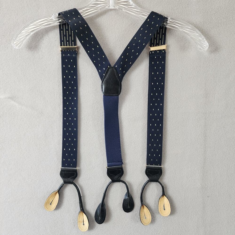 Men's Suspenders Blue w/White Dots Adjustable Leather Button-On Style